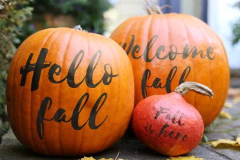 Welcome fall Pumpkins - in front of a house Stock Photos