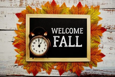 Welcome Fall text with alarm clock on blackboard with maple leaf decorated .. Stock Photos
