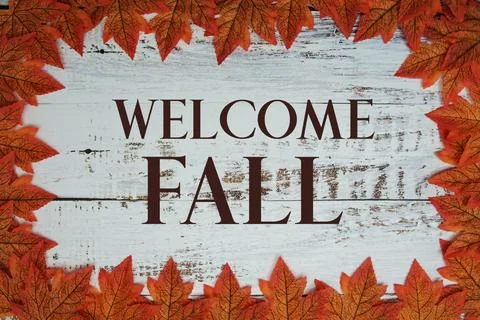 Welcome Fall text with maple leaf decortaed on wooden background Stock Photos