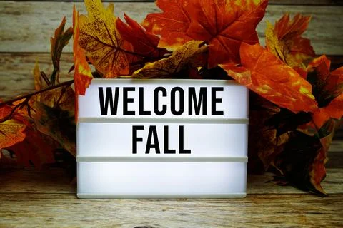 Welcome Fall text with  maple leaf decoration on wooden background Stock Photos