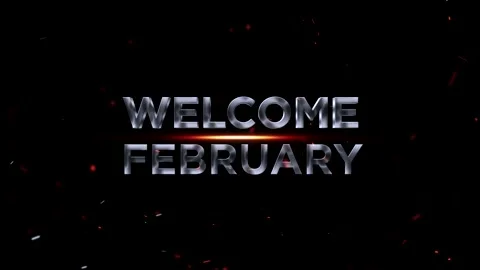 Welcome February metallic 3D typography design with floating glowing embers.. Vídeos de archivo 343576776