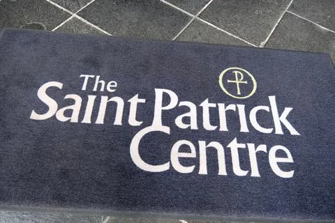 Welcome floor mat for The Saint Patrick Centre in Downpatrick, Northern Ireland Stock Photos