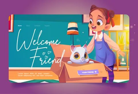 Welcome friend cartoon landing, girl find kitten Stock Illustration