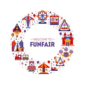 Welcome to Funfair Frame of Circular Shape, Amusement Park Elements Vector Stock Illustration