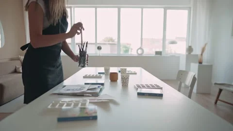 Welcome to the gouache drawing master class. Woman is preparing a place for Stock Footage 159548024
