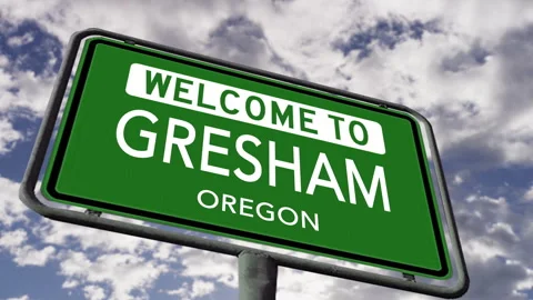 Welcome to Gresham, Oregon. USA City Road Sign Close Up, Realistic 3d Stock Footage 248487479