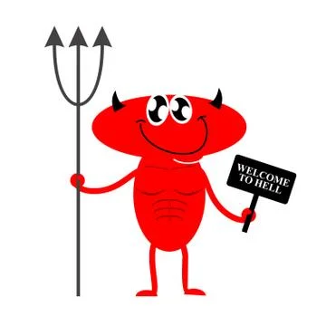 Welcome to hell. Cute Red Devil holding a sign and Trident. Devil invites you Illustrazione stock