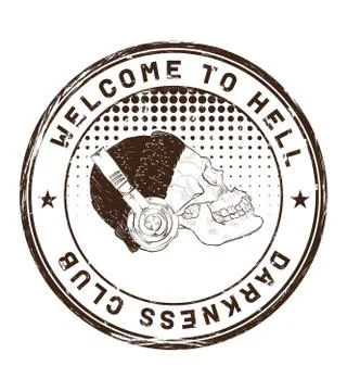 Welcome to Hell. Darkness ?lub. Stamp with a skull in the headphones. Stock Illustration