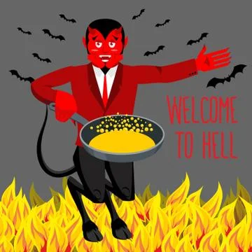Welcome to Hell. Devil holding frying pan for sinners. Satan invites in purga Stock Illustration