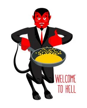 Welcome to Hell. Devil holding frying pan for sinners. Satan invites in purga Stock Illustration