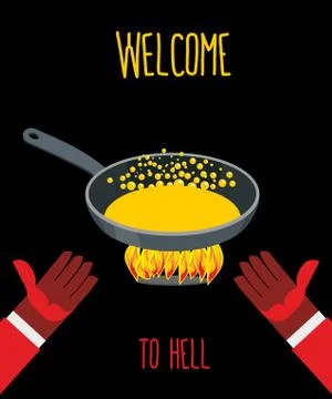 Welcome to hell. Heated frying pan with boiling oil. Hands of Devils. Invitin 스톡 일러스트