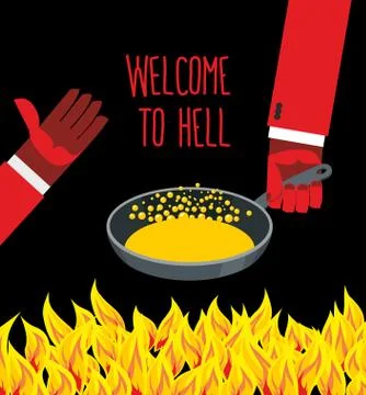 Welcome to hell. Heated frying pan with boiling oil. Hands of Devils. Invitin Illustrazione stock