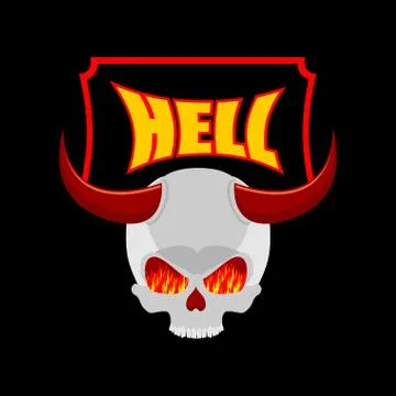 Welcome to hell. Plate for door. Satans skull with horns. In eye of skull fla イラスト素材