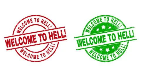 WELCOME TO HELL! Round Badges Using Unclean Style 스톡 일러스트