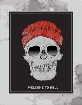 Welcome to Hell. Skull with hat and fangs on a black background. Illustrazione stock