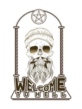 Welcome to Hell. Skull with hat, fangs and beard, on a gate with a pentagram Stock Illustration