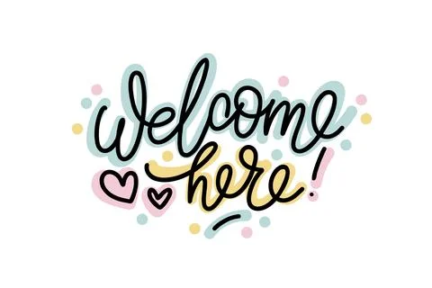 Welcome here script modern lettering with hearts, confetti and colored laye.. Stock Illustration