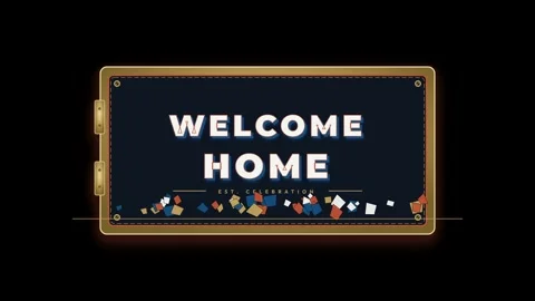 Welcome home sign with celebration elements and colorful shapes Stock Footage 344596368