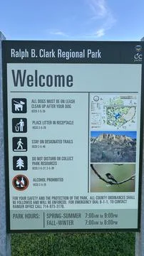 Welcome information board with park rules and map in California public park Stock Photos