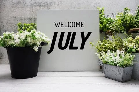 Welcome July text message with artificial plant decoration on wooden backgrou Stock Photos