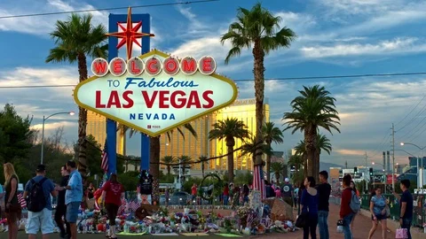 Welcome to Las Vegas Sign after the Shooting Incident with Flower Bed Stock Footage