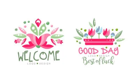 Welcome Logo Design Set, Good Day, Best of Luck Hand Drawn Labels Vector Stock Illustration