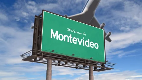 Welcome To Montevideo Road Sign. Airplane Landing Montevideo Uruguay. Stock Footage 293777458