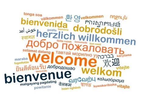 Welcome multilanguage wordcloud background concept Stock Illustration