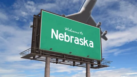 Welcome To Nebraska Road Sign. Airplane Landing Nebraska State USA. Stock Footage 293797553