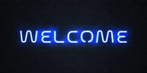 Welcome neon light sign. Vector glowing blue neon welcome signage Stock-Illustration