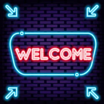 Welcome Neon signboards. Neon script. Light art. 스톡 일러스트