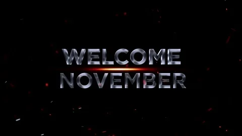 Welcome November silver 3d metallic text design with glowing light particles Video stock 343576787