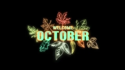 Welcome october title animation background with neon glowing stroke leaves.  Stock Footage 250085344