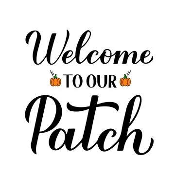 Welcome to our patch calligraphy lettering with hand drawn pumpkins. Vector t Stock Illustration