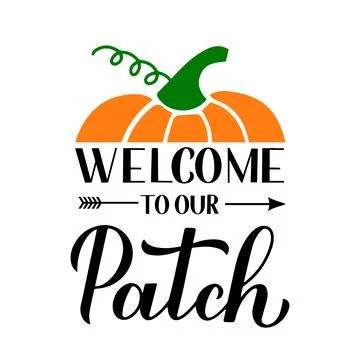 Welcome to our patch calligraphy lettering with hand drawn pumpkin. Vector te Stock Illustration
