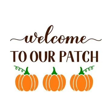Welcome to our patch calligraphy lettering with hand drawn pumpkin. Vector te Stock Illustration