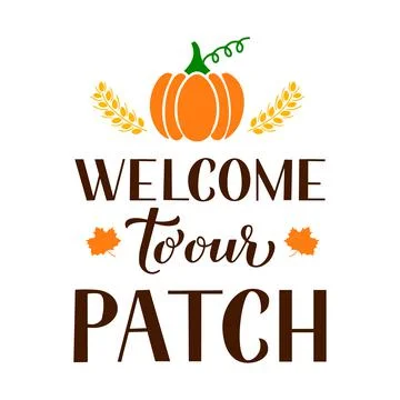 Welcome to our patch quote with hand drawn pumpkin. Vector template for typog Stock Illustration