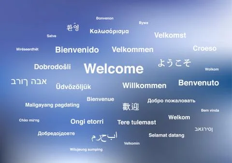 Welcome phrases in different languages of the world on blue blurred background Stock Illustration