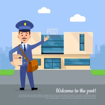 Welcome to Post Banner. Postman Pointing on Office Illustration