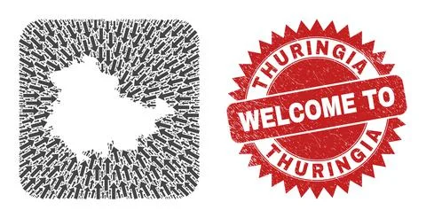 Welcome Scratched Badge and Thuringia Land Map Pointing Stencil Mosaic Illustrazione stock