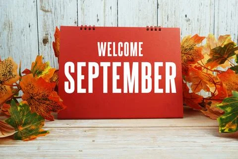 Welcome September text with maple leaf decorated on wooden background Stock Photos