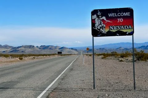 Welcome sign on the border of Nevada Stock Photos