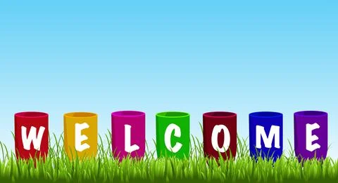 Welcome sign written on a blue gradient background and young shoots of green  Stock-Illustration