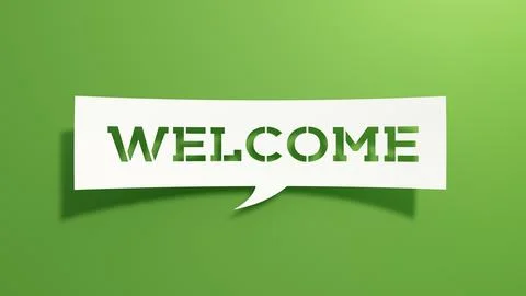 Welcome - Speech Bubble. White Cut Out Paper on Green Background. 3D Render. Stock Illustration