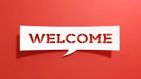 Welcome - Speech Bubble. White Cut Out Paper on Red Background. 3D Render. Stock Illustration