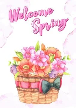 Welcome spring basket with pink and orange flowers and bow イラスト素材