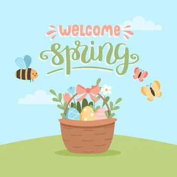 Welcome spring card - easter egg basket and flowers and lettering. Hand drawn Stock Illustration