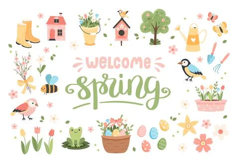Welcome spring elements collection - lettering with cute birds, bees, flowers イラスト素材
