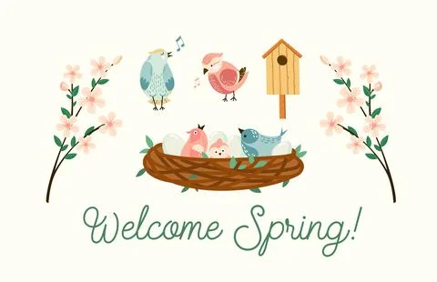 Welcome spring illustrations set. Vector blooming flowers branches, birds in the Stock Illustration