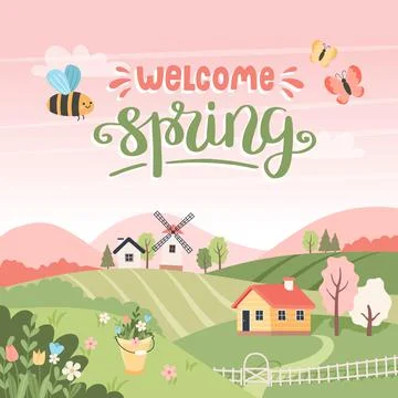 Welcome spring - landscape with trees, fields, houses and windmill. Hand drawn Stock-Illustration